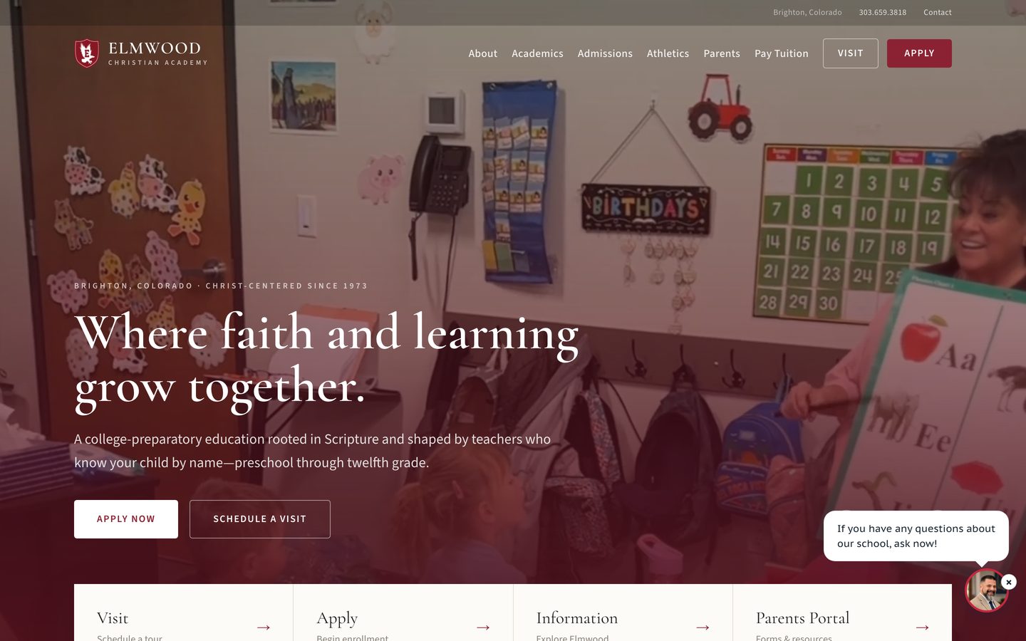 The Elmwood Christian Academy website on a desktop screen