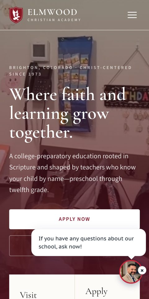 The Elmwood Christian Academy website on a phone