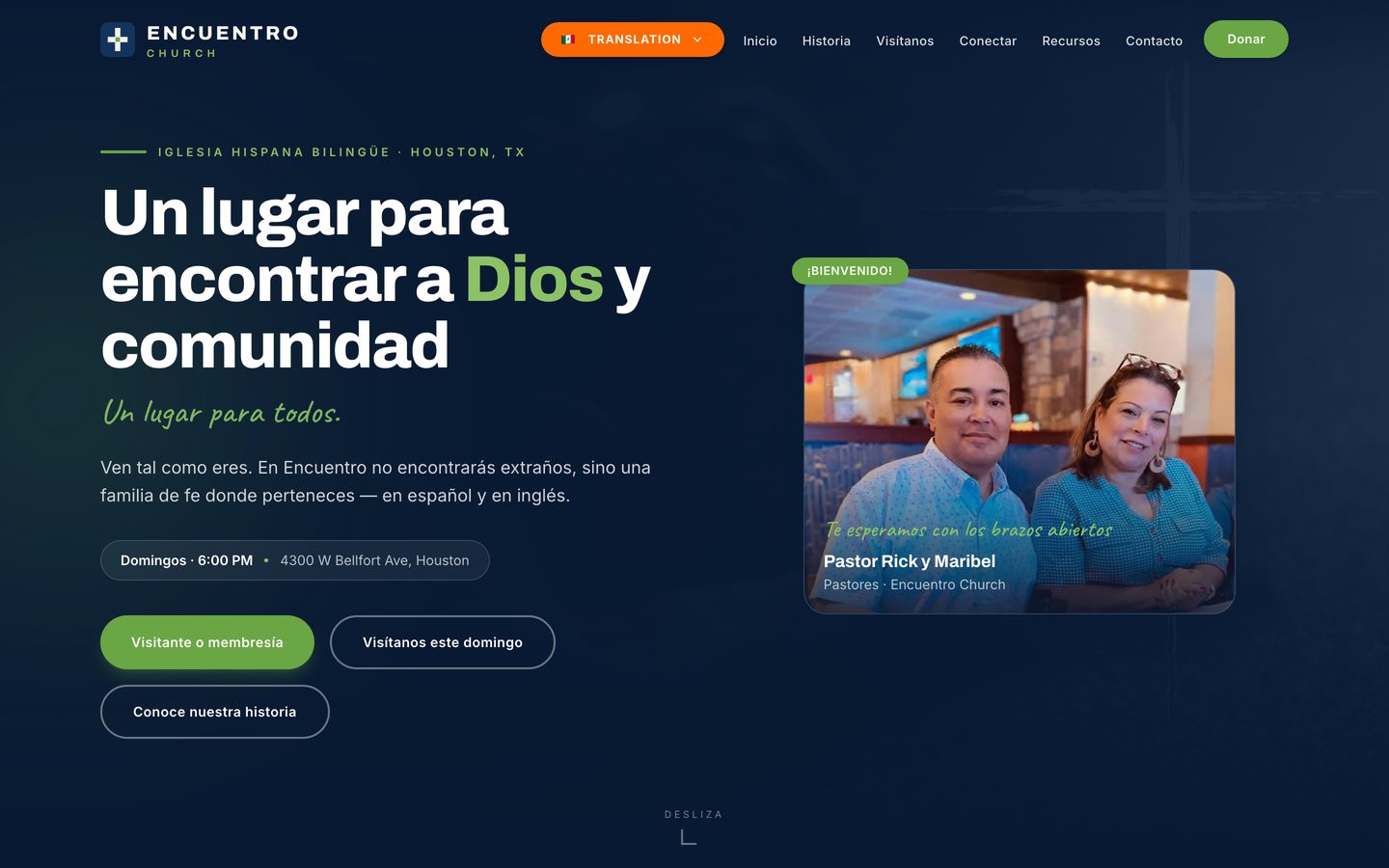 The Encuentro Church website on a desktop screen