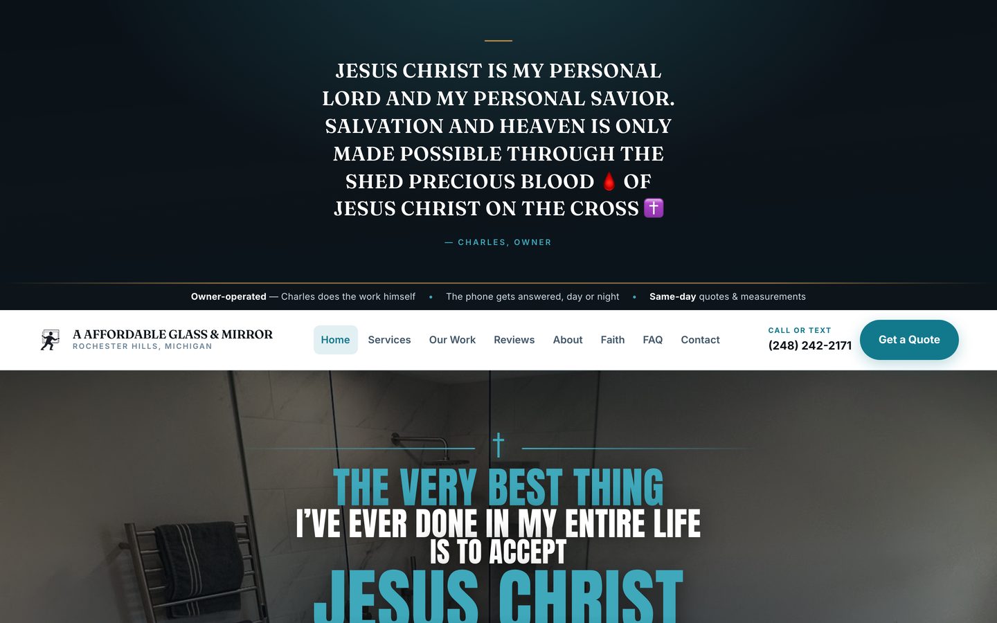 The A Affordable Glass & Mirror website on a desktop screen