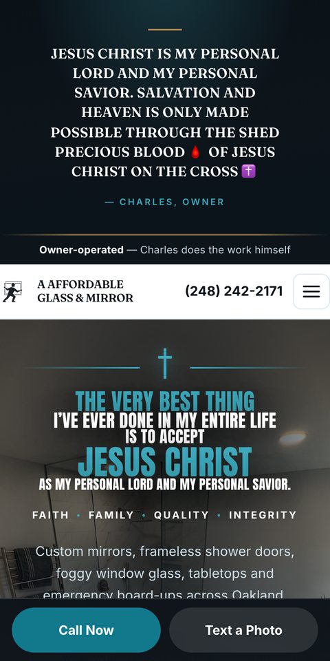 The A Affordable Glass & Mirror website on a phone