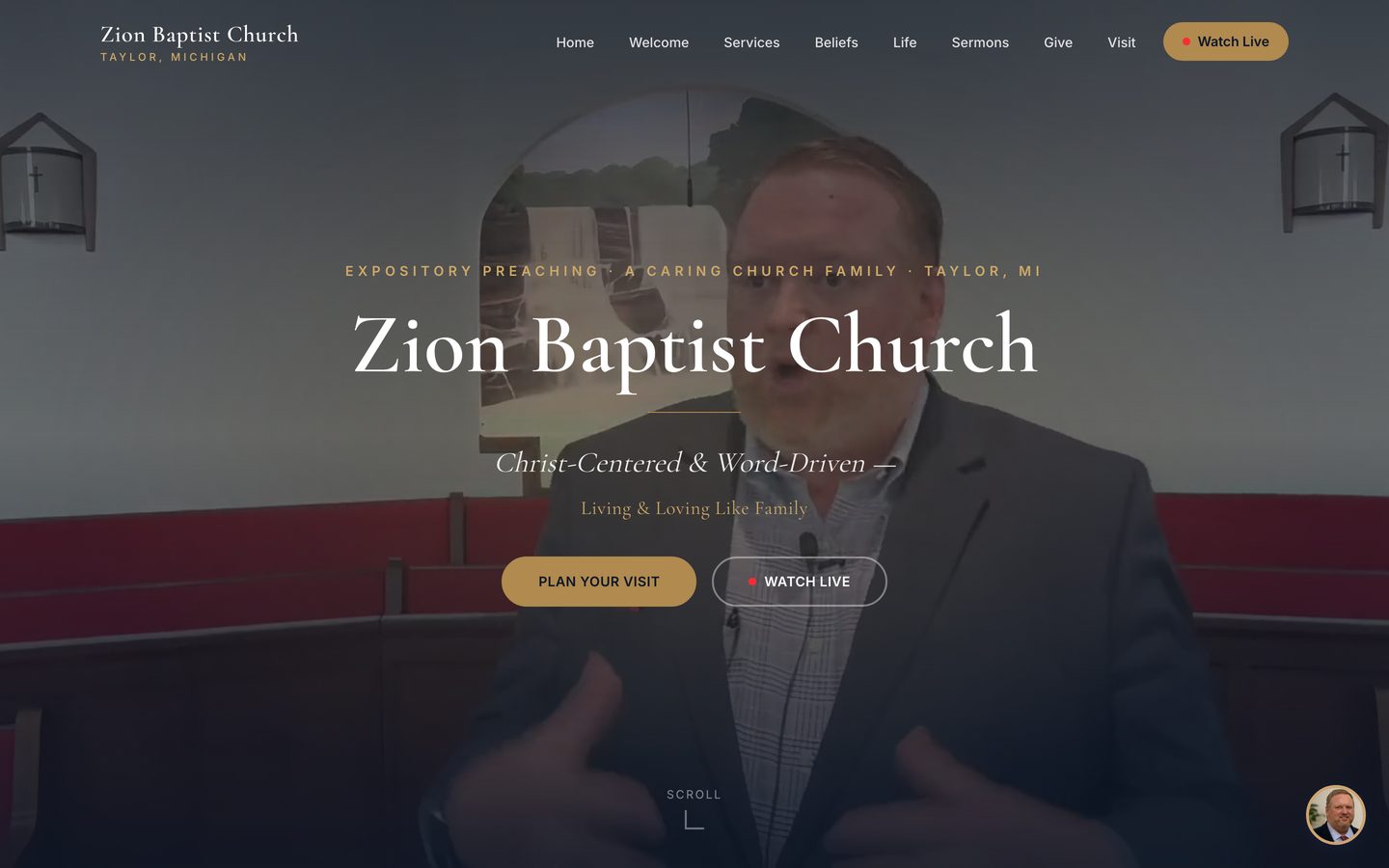The Zion Baptist Church website on a desktop screen