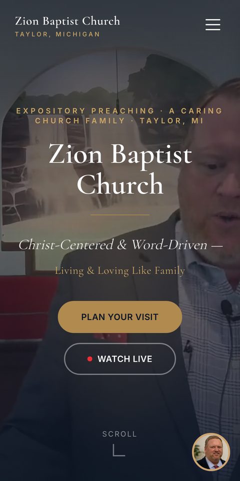 The Zion Baptist Church website on a phone